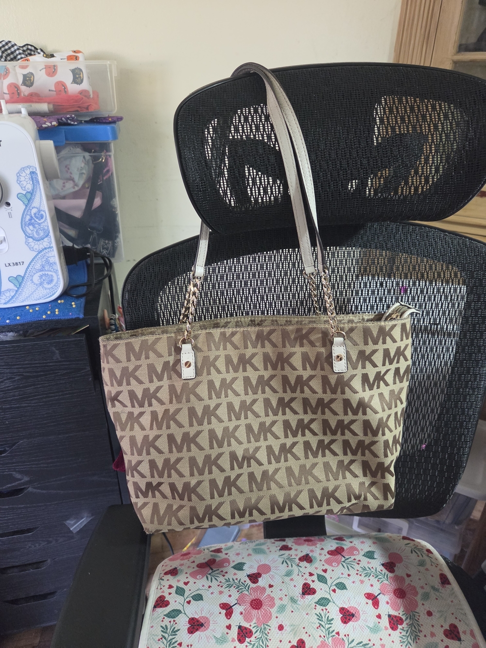 Michael Kors Tan/Brown MK Logo Tote with Chain-Detail Straps